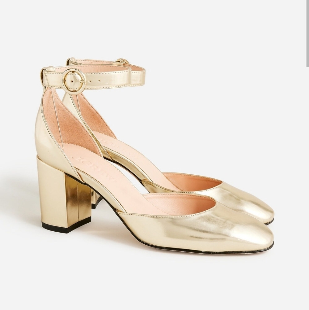 NEW J. Crew Maisie ankle-strap Block heels in metallic gold Size 9
